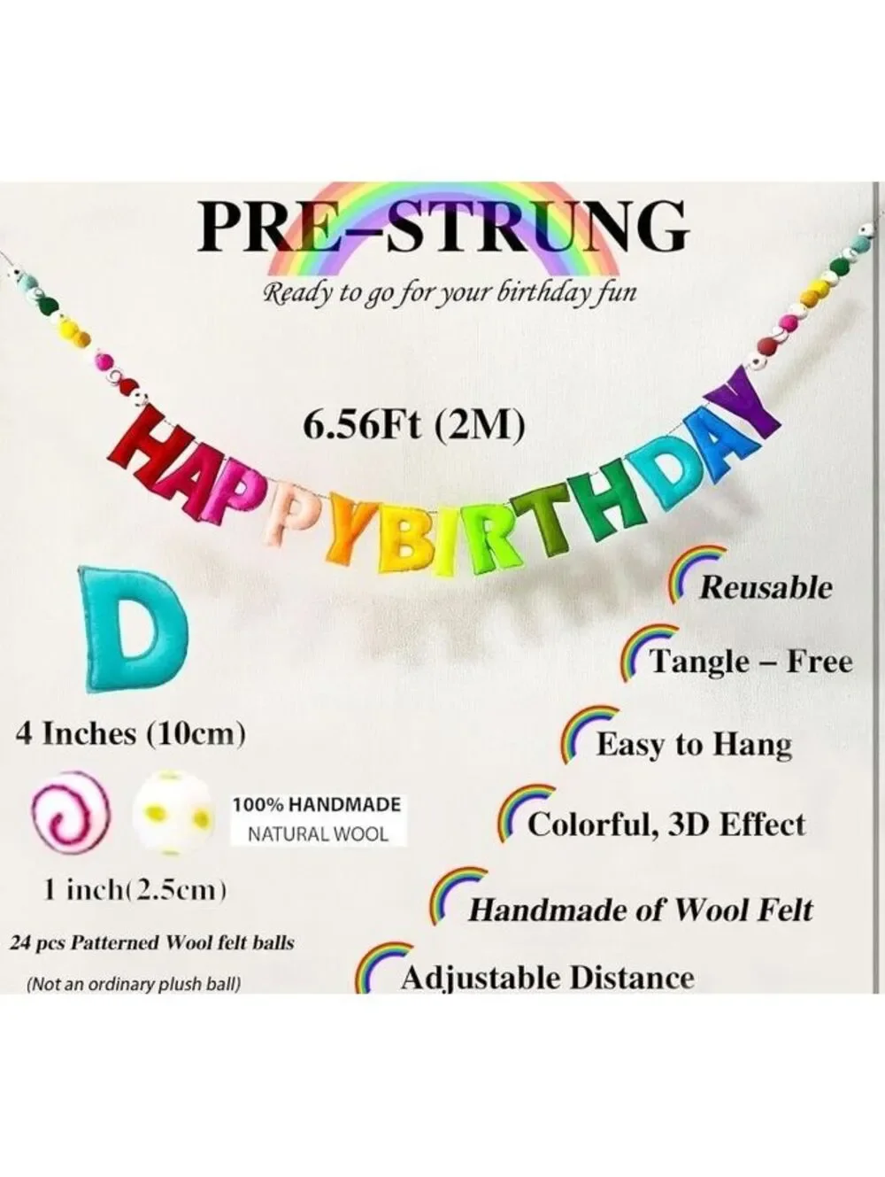 Colourful Handmade Wool Felt Happy Birthday Banner Garland with Adjustable Ties
